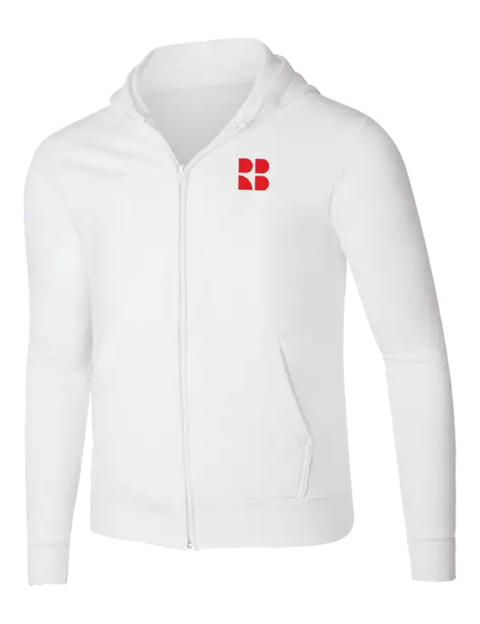 White 8.5 oz Ring Spun Zip Hooded Sweatshirt w/RB Logo